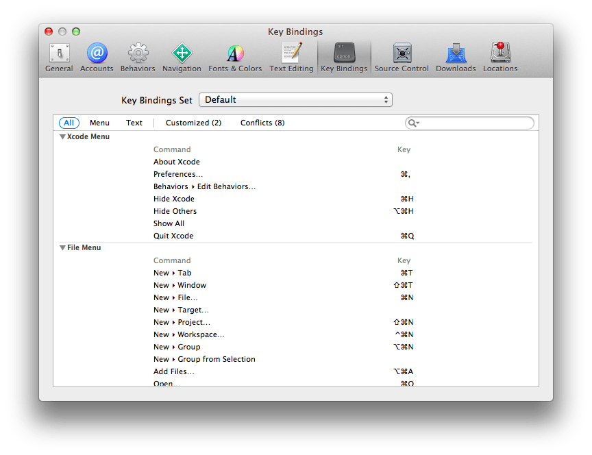 Xcode Shortcut Preferences